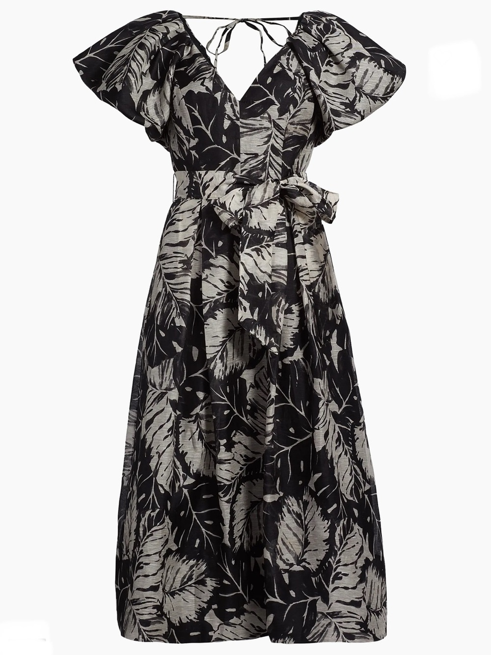 TERI JON Silk And Linen Blend V-neck Puff Sleeves Pleated Skirt Dress